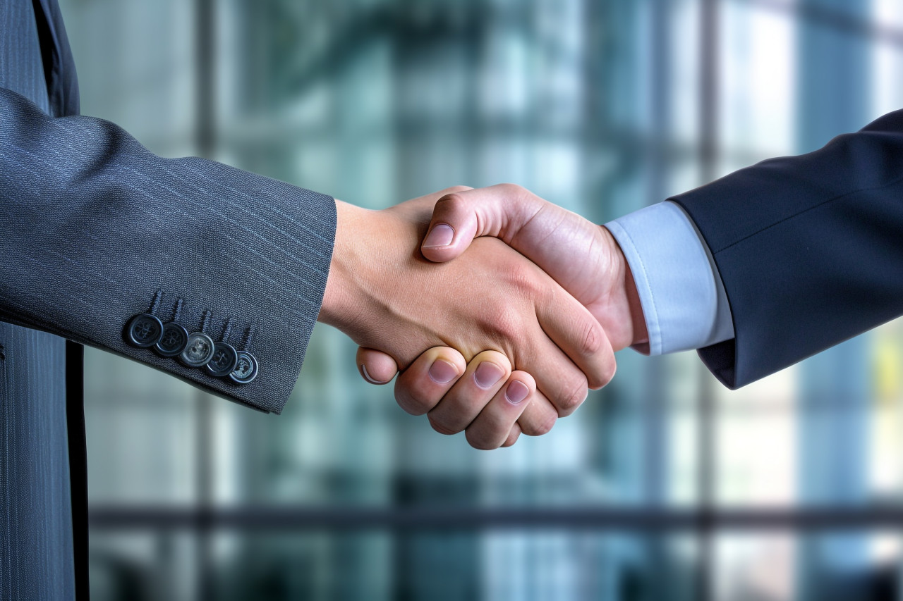 A close up photo of business people shaking hands in an office meeting showing the concept of business partnership, business and corporate inside office image
