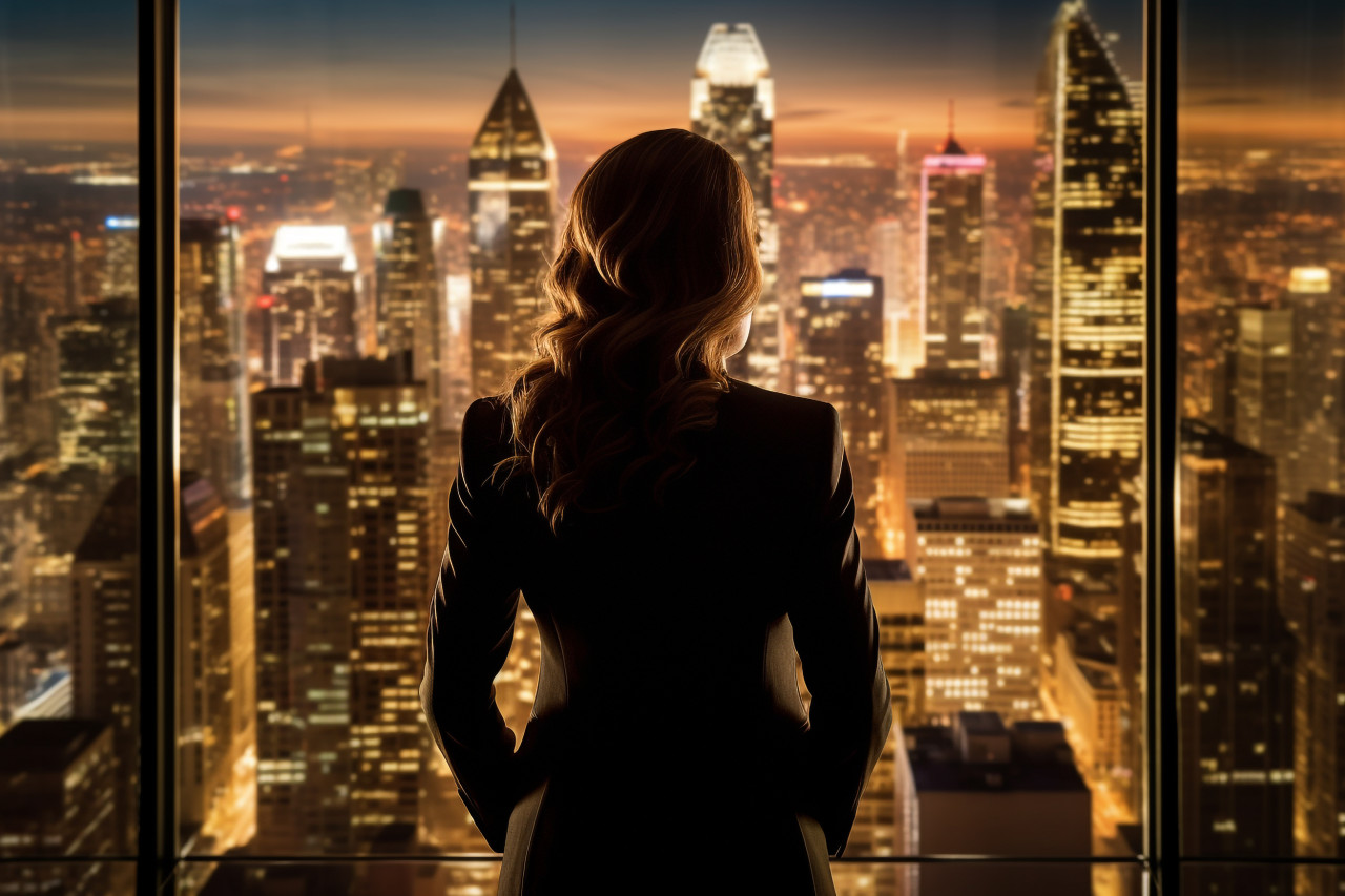 A picture of a businesswoman standing in the dark in an office building and looking at the city skyline, business and corporate inside office photo