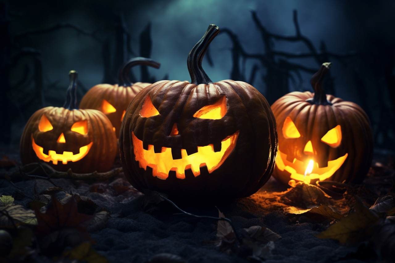 A picture of a carved pumpkin glowing in the moonlight on a spooky halloween night, halloween party image