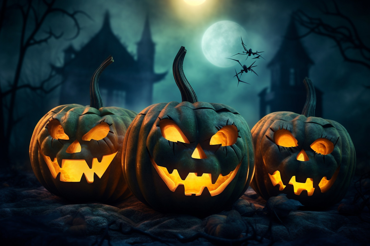 A picture of a carved pumpkin glowing in the moonlight on a spooky halloween night, halloween party image