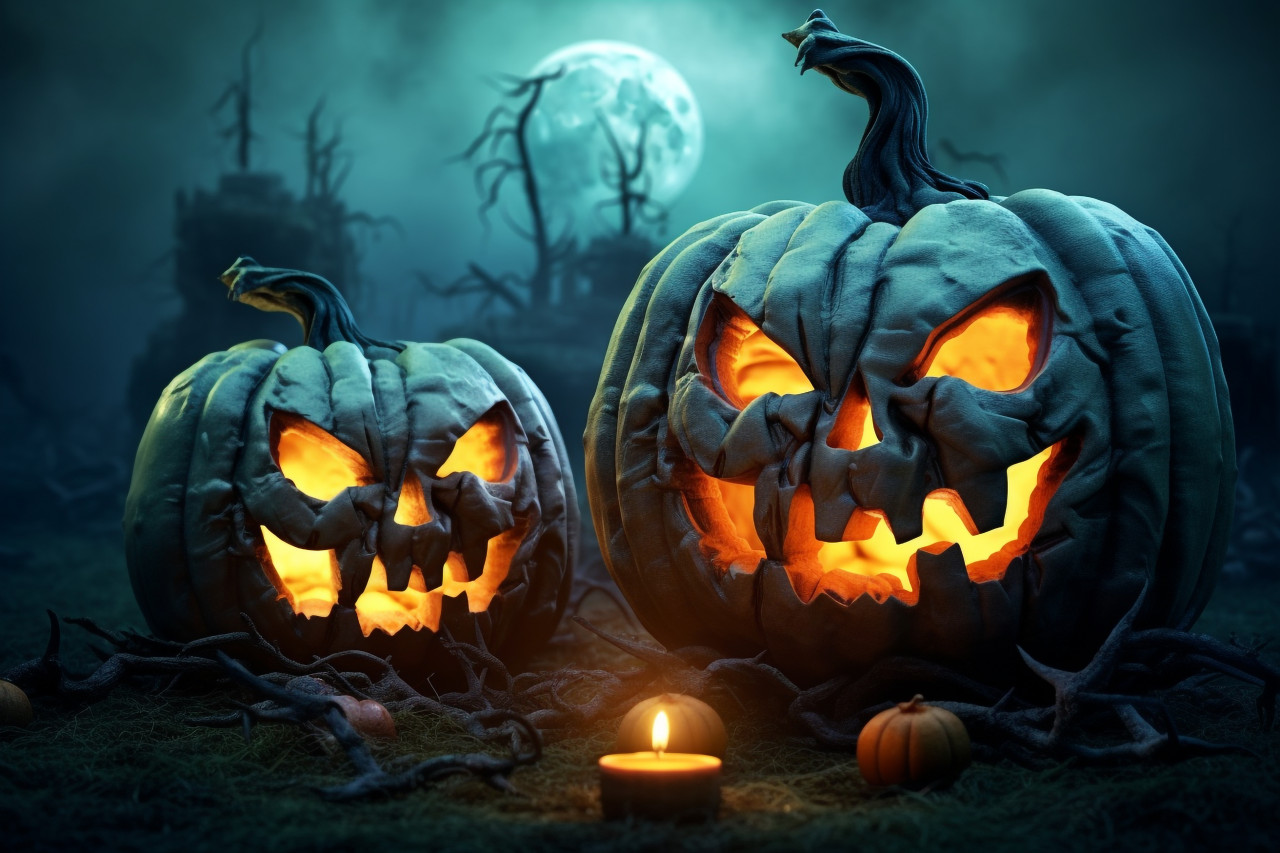 A picture of a carved pumpkin glowing in the moonlight on a spooky halloween night, halloween party image