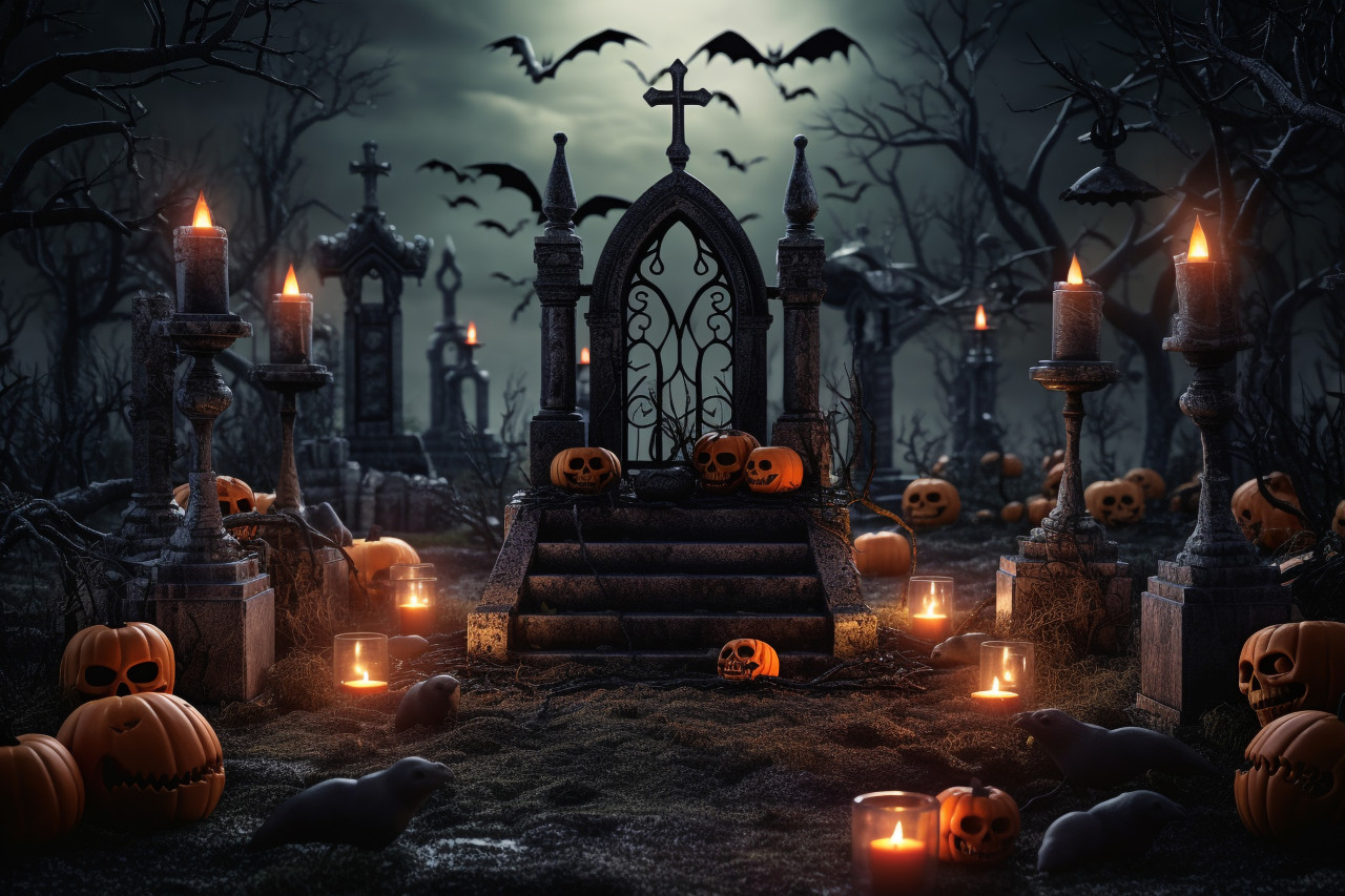 A picture of a halloween-themed wooden table in a spooky graveyard with tombs, halloween party image