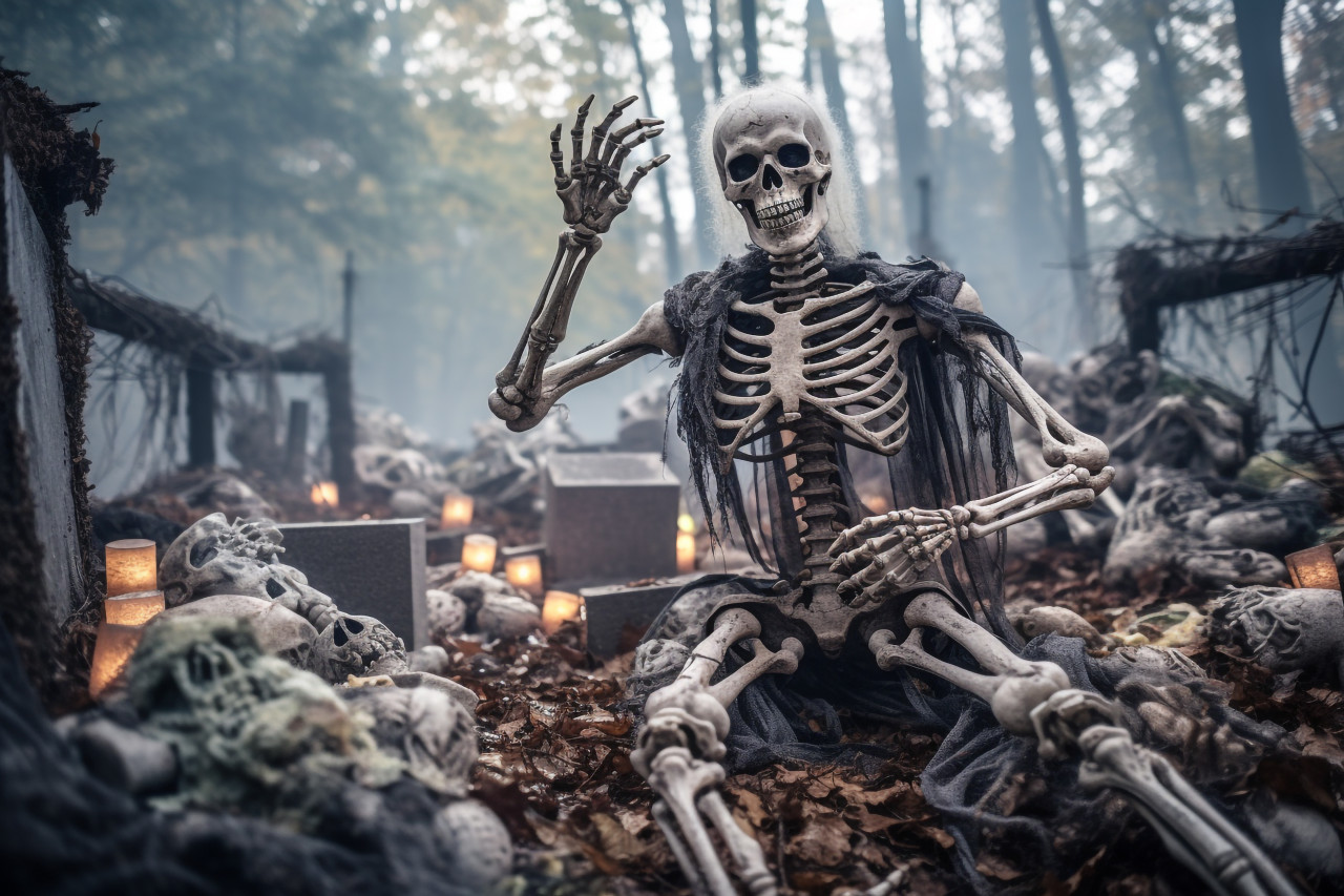 A picture of a skeleton at a halloween party in a graveyard with a foggy forest in the background, halloween party image