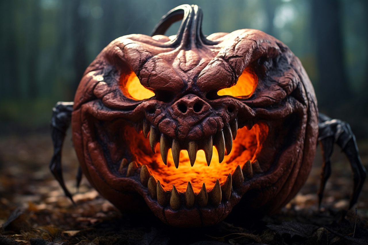 A photo of a scary halloween pumpkin on a table in the forest, halloween party image