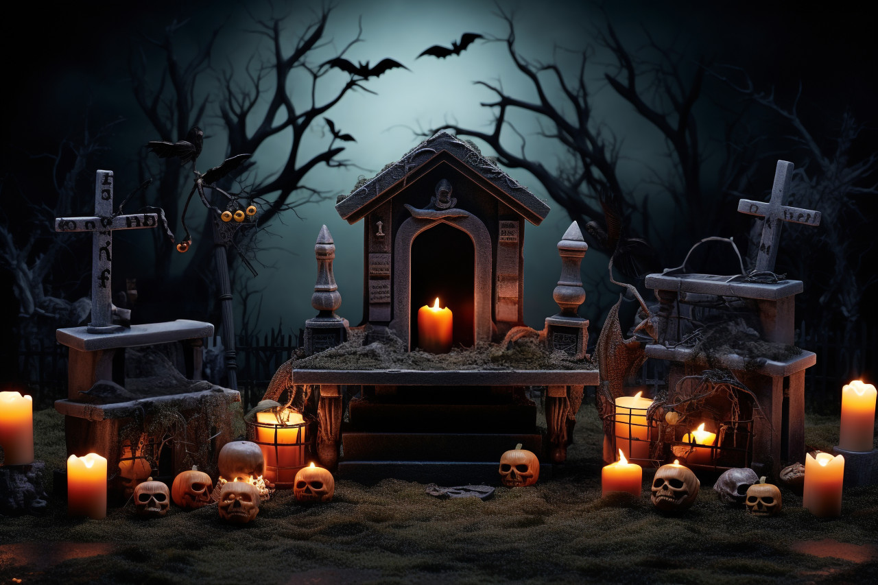 A picture of a halloween-themed wooden table in a spooky graveyard with tombs, halloween party image