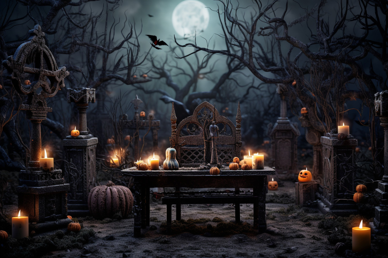 A picture of a halloween-themed wooden table in a spooky graveyard with tombs, halloween party image