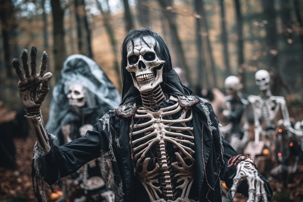 A picture of a skeleton at a halloween party in a graveyard with a foggy forest in the background, halloween party image