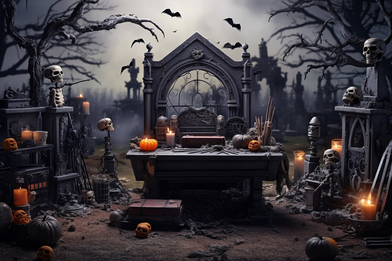 A picture of a halloween-themed wooden table in a spooky graveyard with tombs, halloween party image