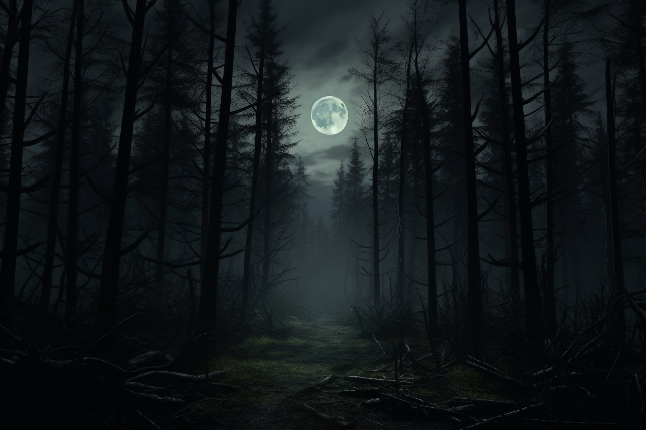 A photo of a dark and gloomy forest at night, with trees, a big moon, moonlight, smoke, shadows, and a dark and cold street in the background, halloween party image