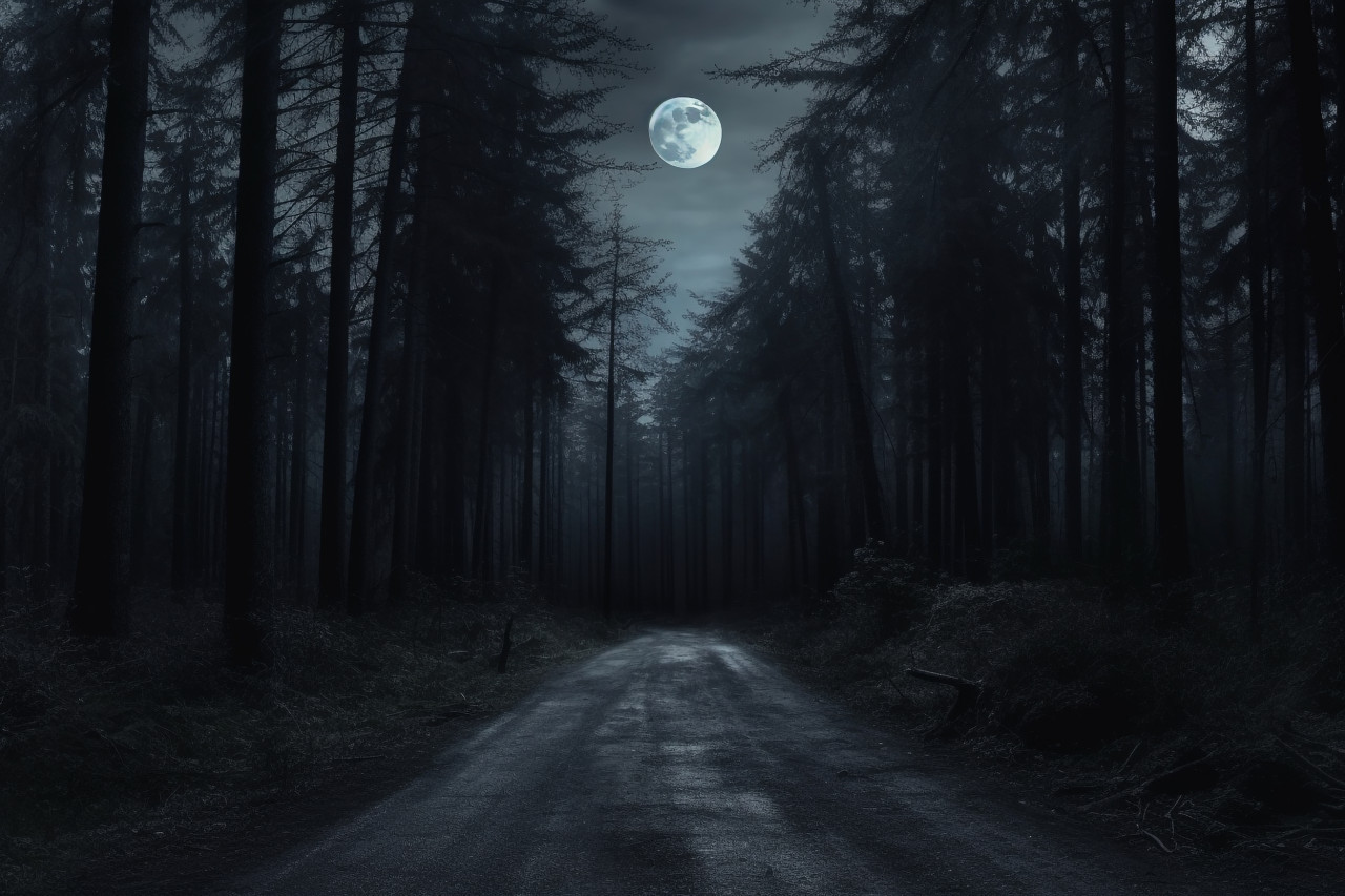A photo of a dark and gloomy forest at night, with trees, a big moon, moonlight, smoke, shadows, and a dark and cold street in the background, halloween party image