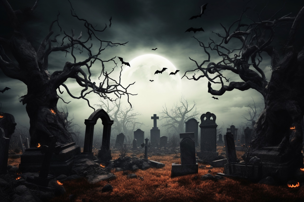 A picture of a halloween background with a scary graveyard, bare trees, tombs, and bats, halloween party image