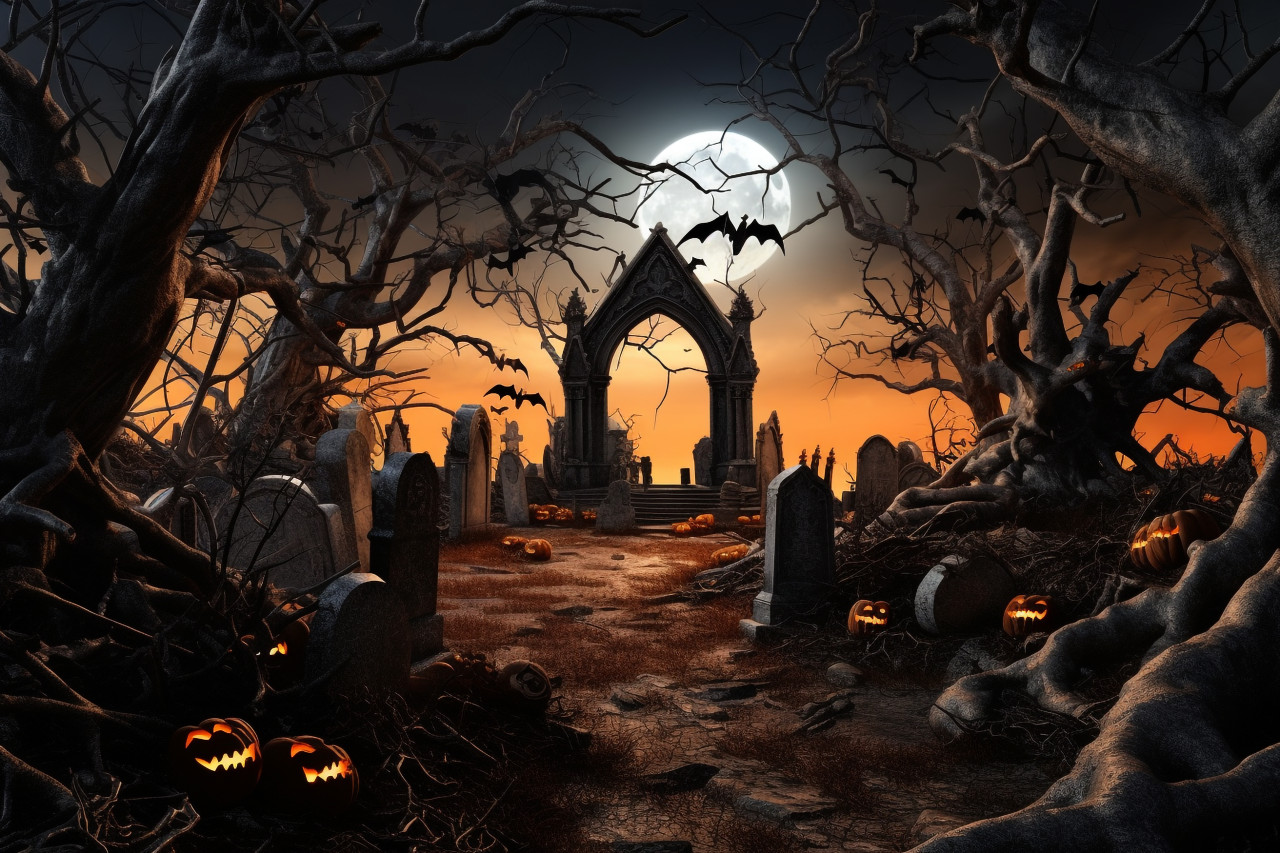 A picture of a halloween background with a scary graveyard, bare trees, tombs, and bats, halloween party image