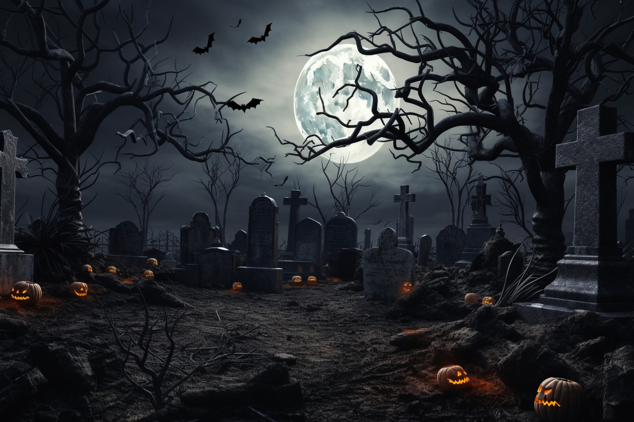 A picture of a halloween background with a scary graveyard, bare trees, tombs, and bats, halloween party image