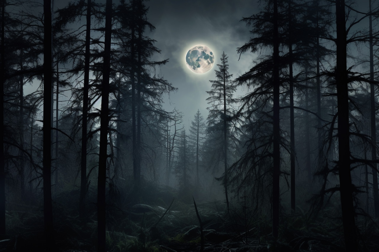 A photo of a dark and gloomy forest at night, with trees, a big moon, moonlight, smoke, shadows, and a dark and cold street in the background, halloween party image