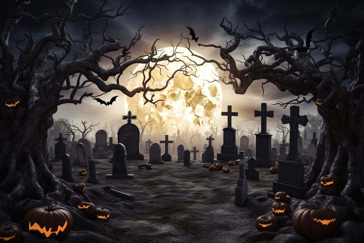 A picture of a halloween background with a scary graveyard, bare trees, tombs, and bats, halloween party image