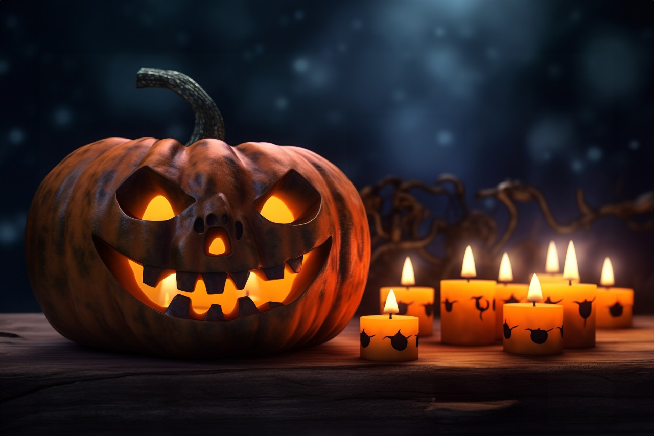 A picture of a carved pumpkin sitting on a wooden board with candles lit next to it on a dark night, halloween party image