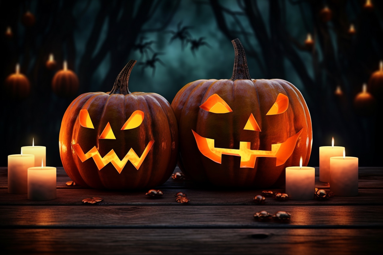 A picture of a carved pumpkin sitting on a wooden board with candles lit next to it on a dark night, halloween party image