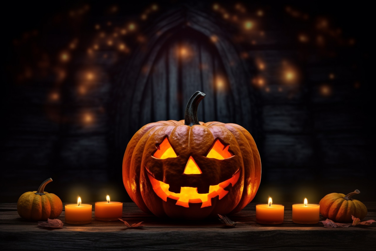 A picture of a carved pumpkin sitting on a wooden board with candles lit next to it on a dark night, halloween party image