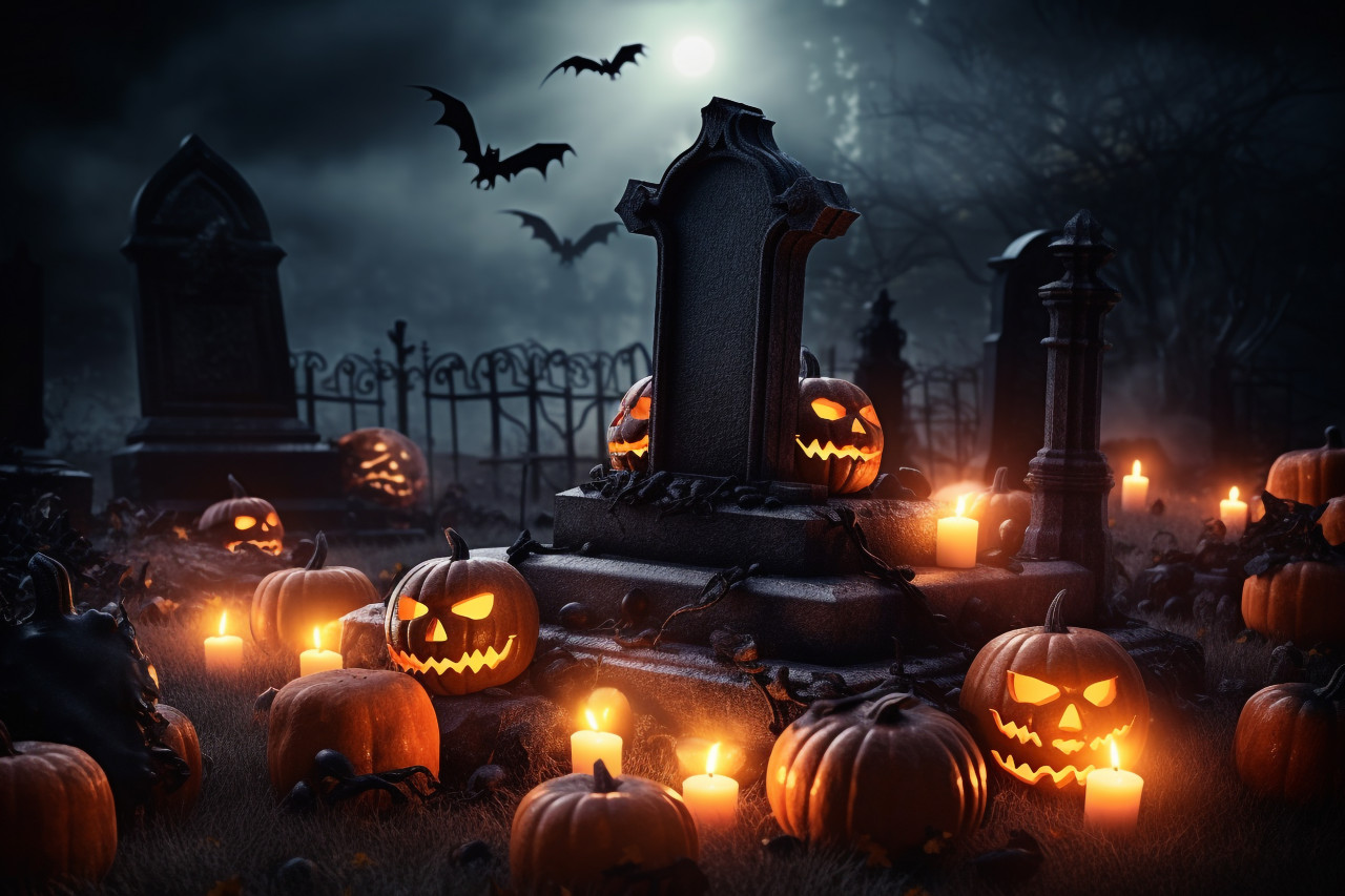 A photo of pumpkins in a spooky graveyard on halloween night, halloween party image