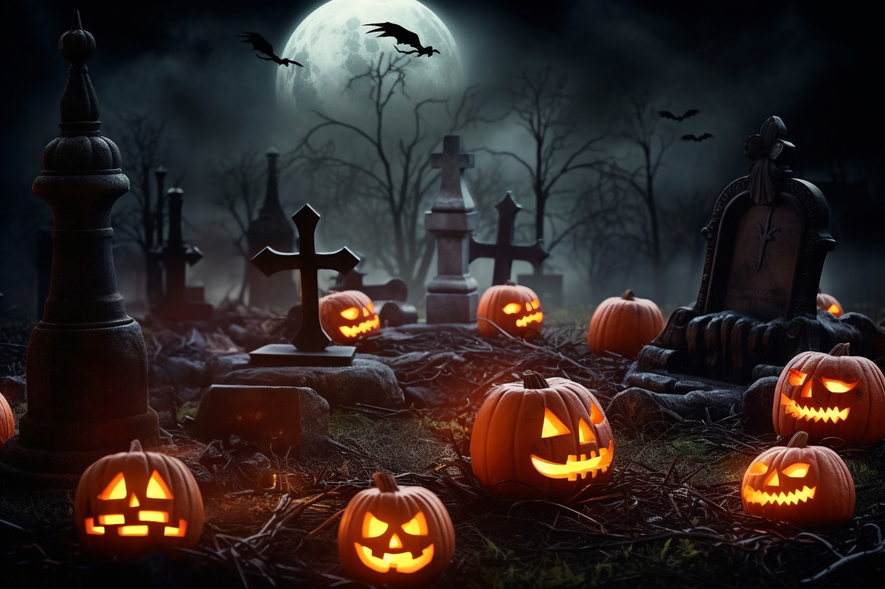 A photo of pumpkins in a spooky graveyard on halloween night, halloween party image