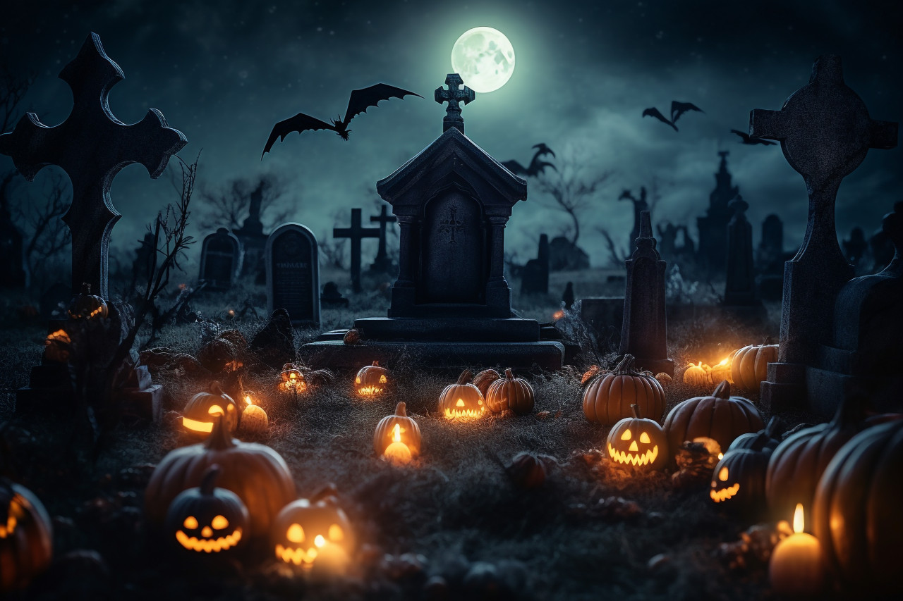 A photo of pumpkins in a spooky graveyard on halloween night, halloween party image