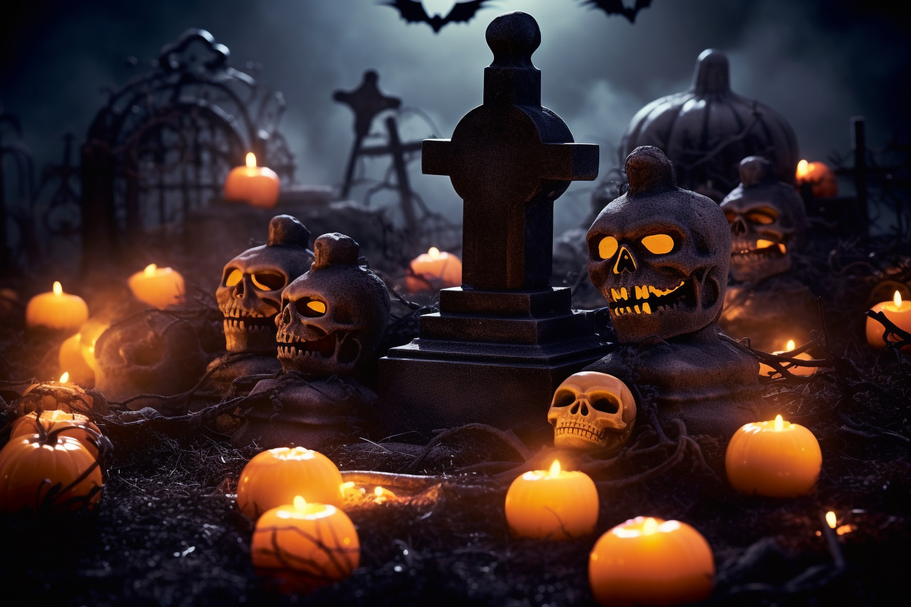 A photo of pumpkins in a spooky graveyard on halloween night, halloween party image