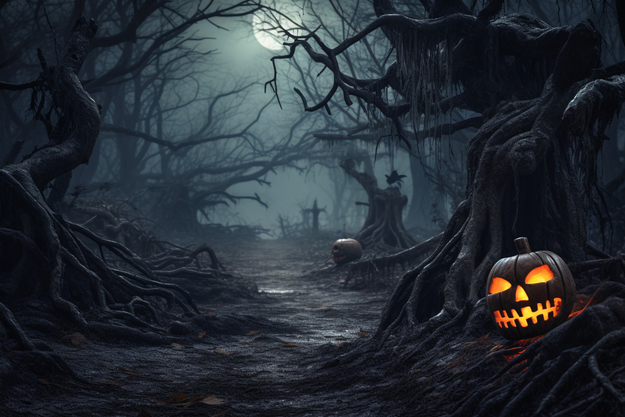A photo of a scary forest with dead trees and pumpkins, decorated for halloween, halloween party image