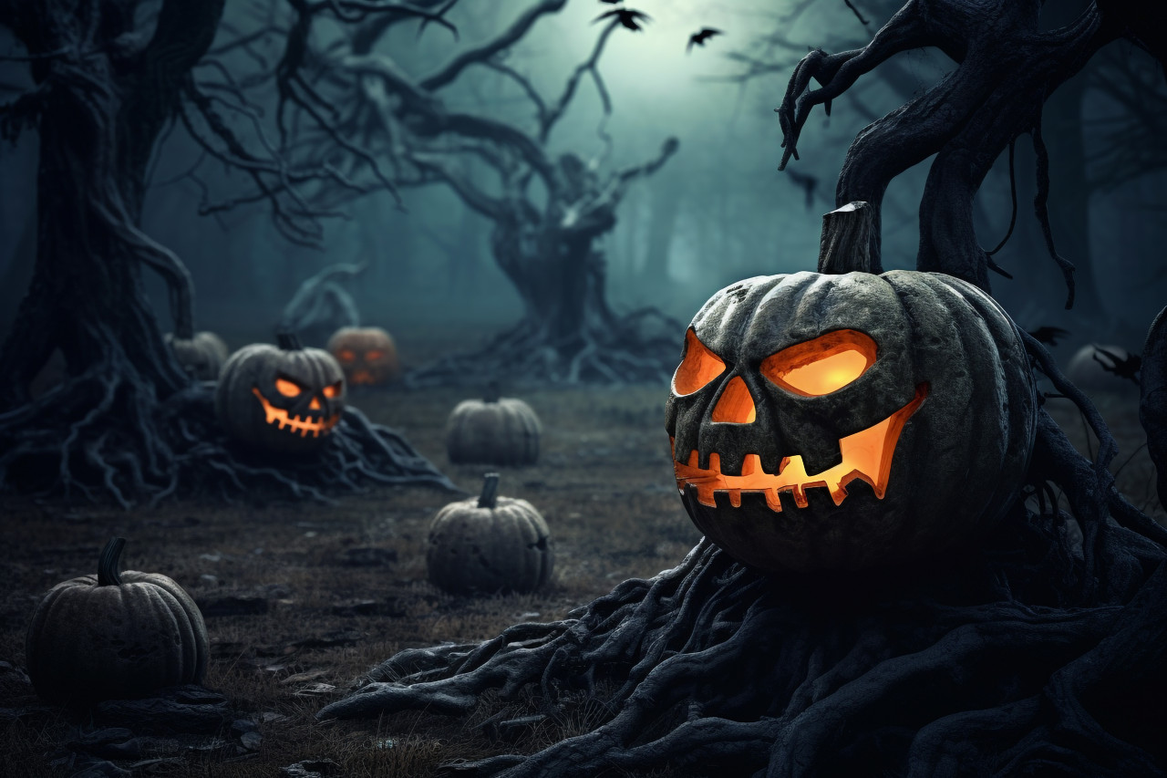 A photo of a scary forest with dead trees and pumpkins, decorated for halloween, halloween party image