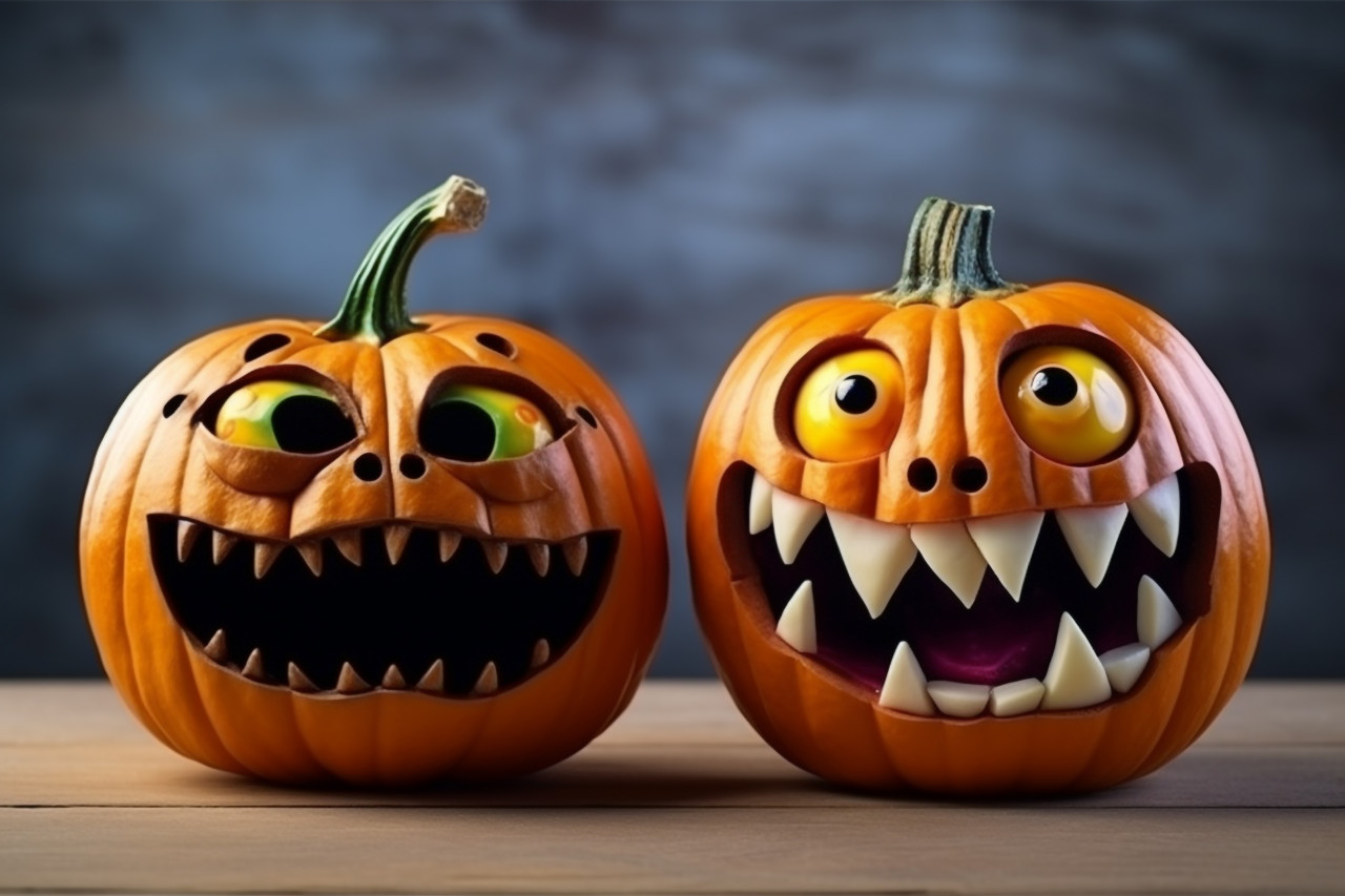 A picture of pumpkins with painted faces on a wooden table in front of white walls, halloween party image