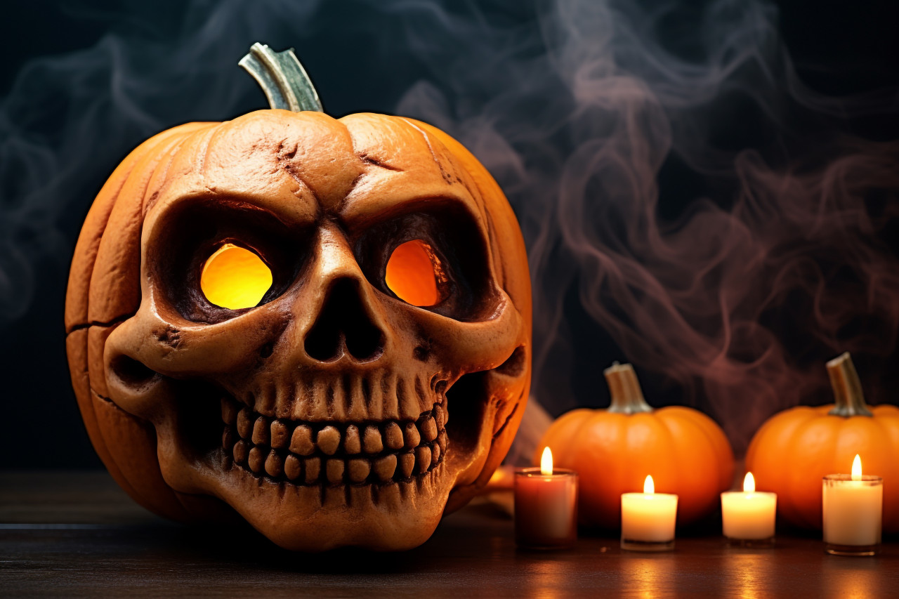 Picture of a scary pumpkin on a table, decorated with other pumpkins and a skull, for halloween, halloween party image