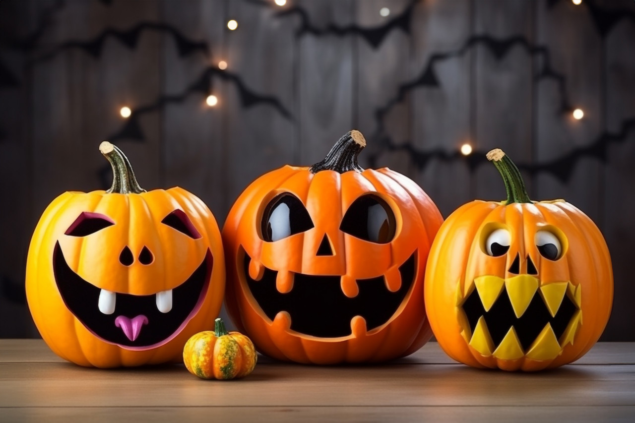 A picture of pumpkins with painted faces on a wooden table in front of white walls, halloween party image