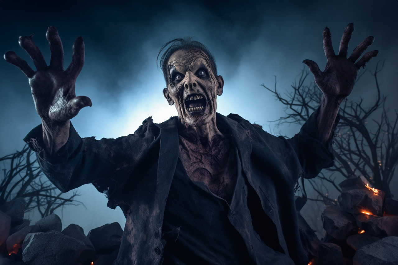 A picture of a zombie coming out of a spooky graveyard at night under a full moon, halloween party image