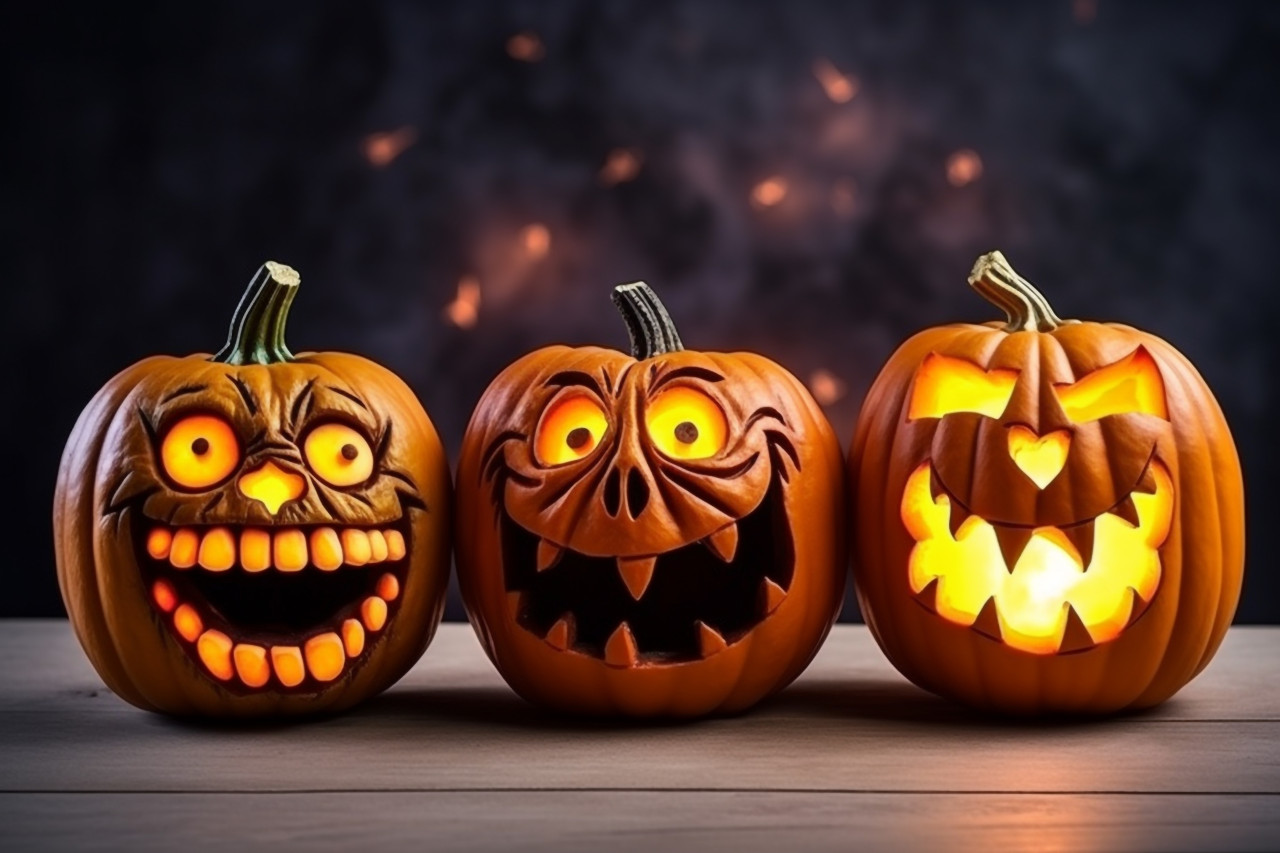A picture of pumpkins with painted faces on a wooden table in front of white walls, halloween party image