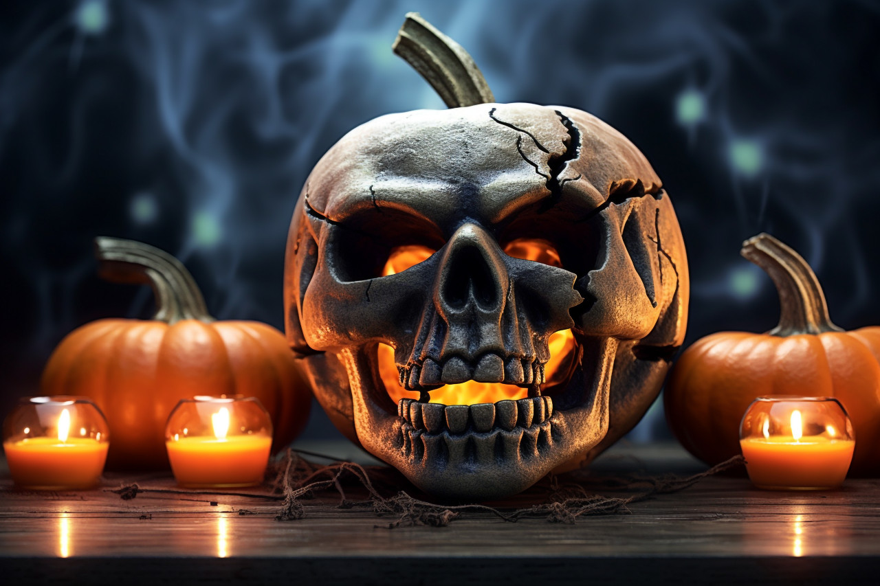 Picture of a scary pumpkin on a table, decorated with other pumpkins and a skull, for halloween, halloween party image