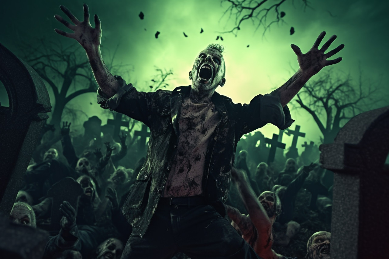 A picture of a zombie coming out of a spooky graveyard at night under a full moon, halloween party image