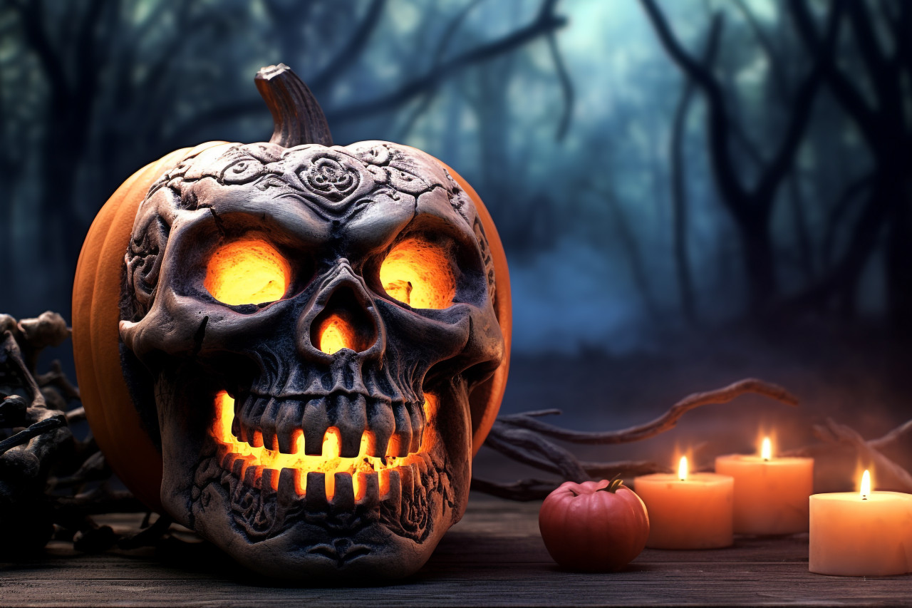 Picture of a scary pumpkin on a table, decorated with other pumpkins and a skull, for halloween, halloween party image