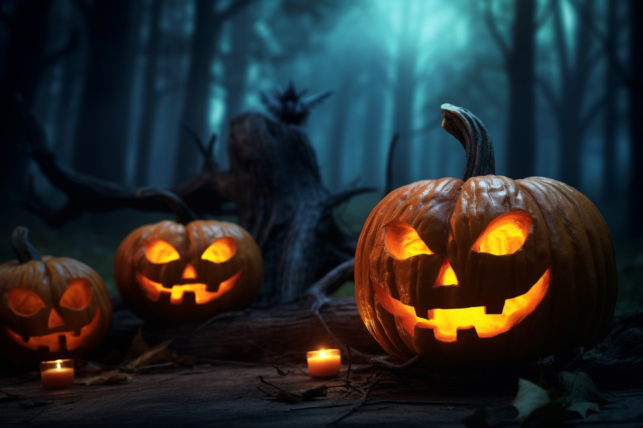 A picture of halloween pumpkins on a wooden table in a dark and scary forest at night, halloween party image