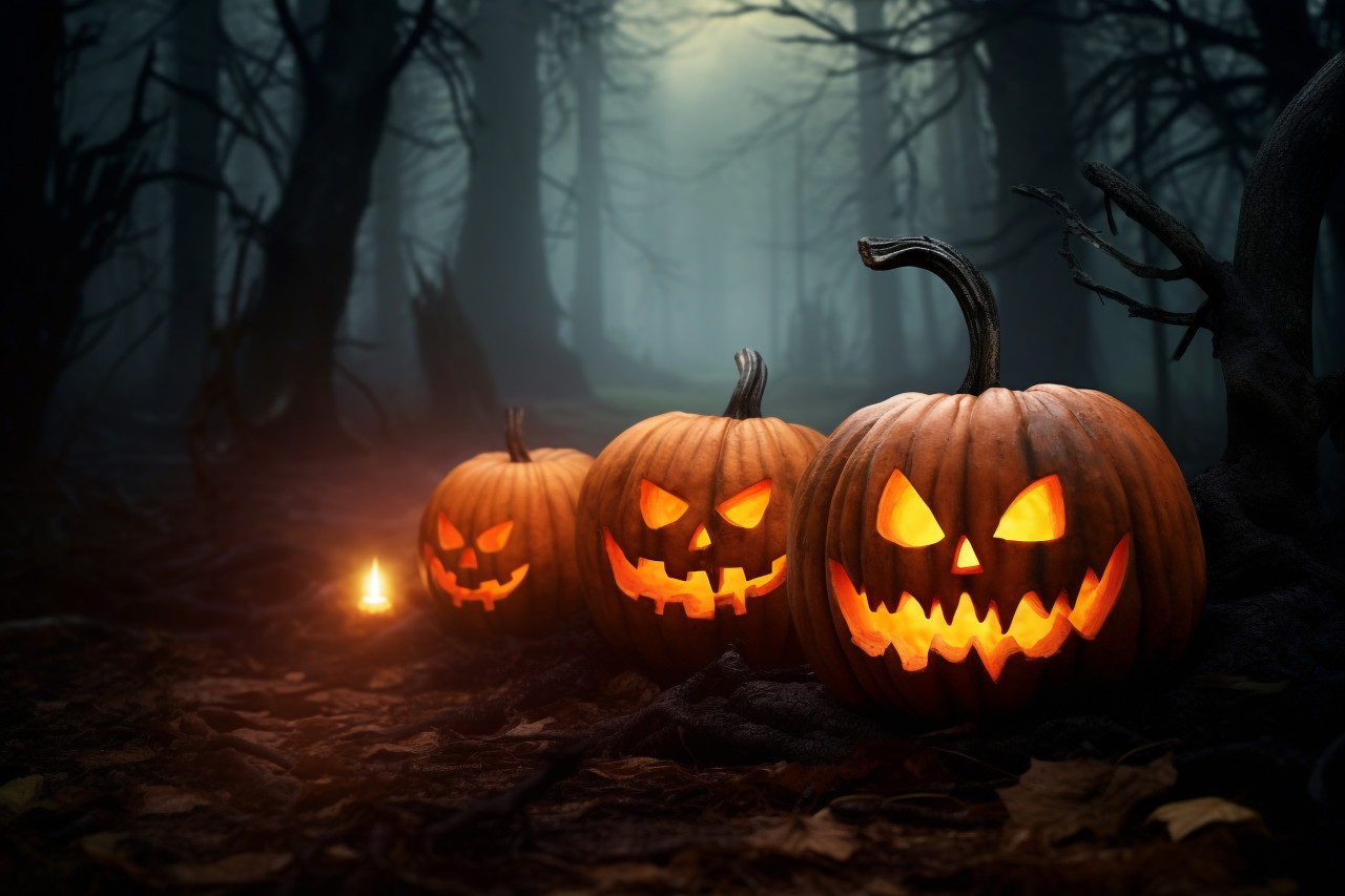 A picture of halloween pumpkins on a wooden table in a dark and scary forest at night, halloween party image