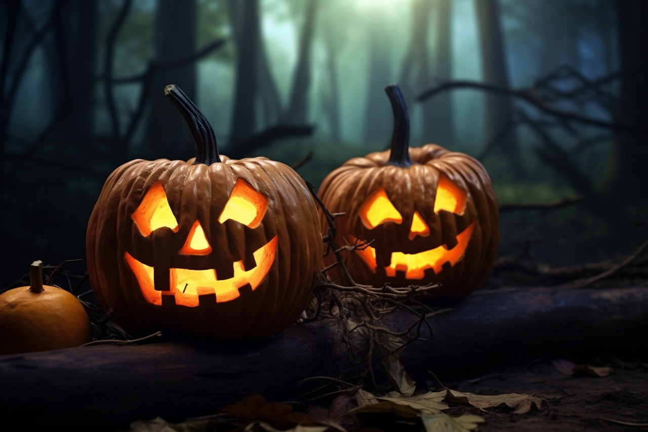 A picture of halloween pumpkins on a wooden table in a dark and scary forest at night, halloween party image