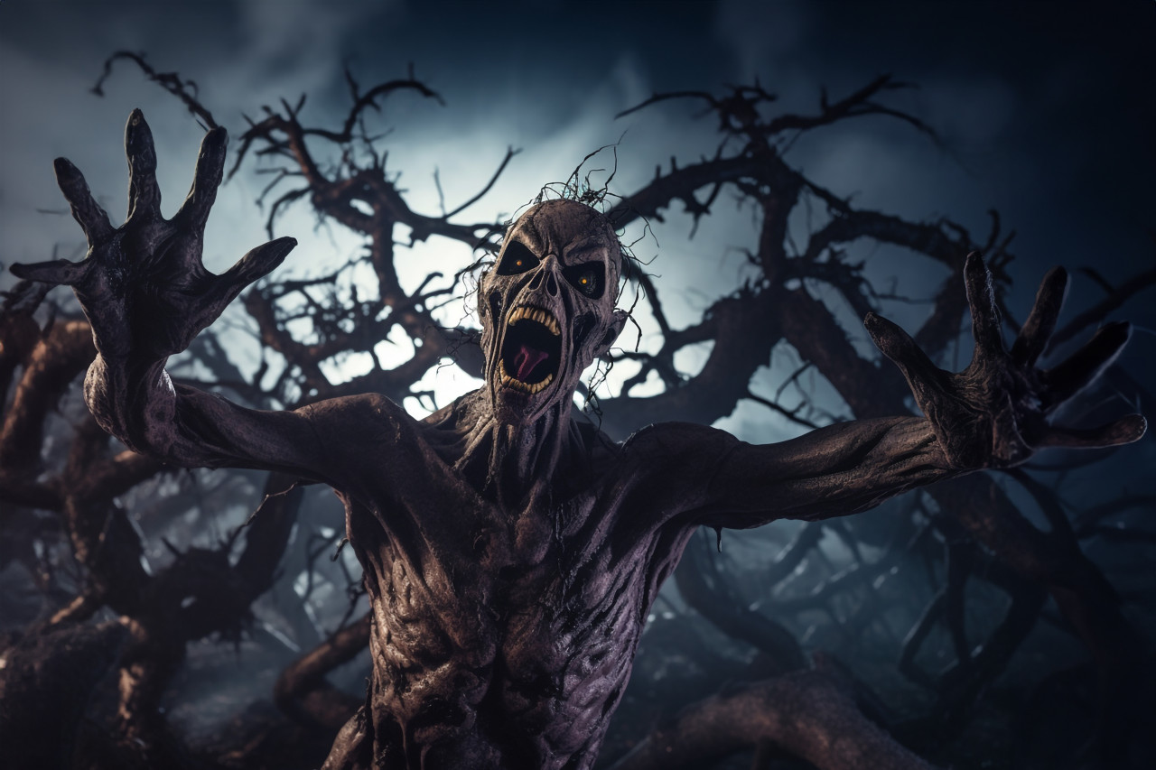 A picture of a zombie coming out of a spooky graveyard at night under a full moon, halloween party image