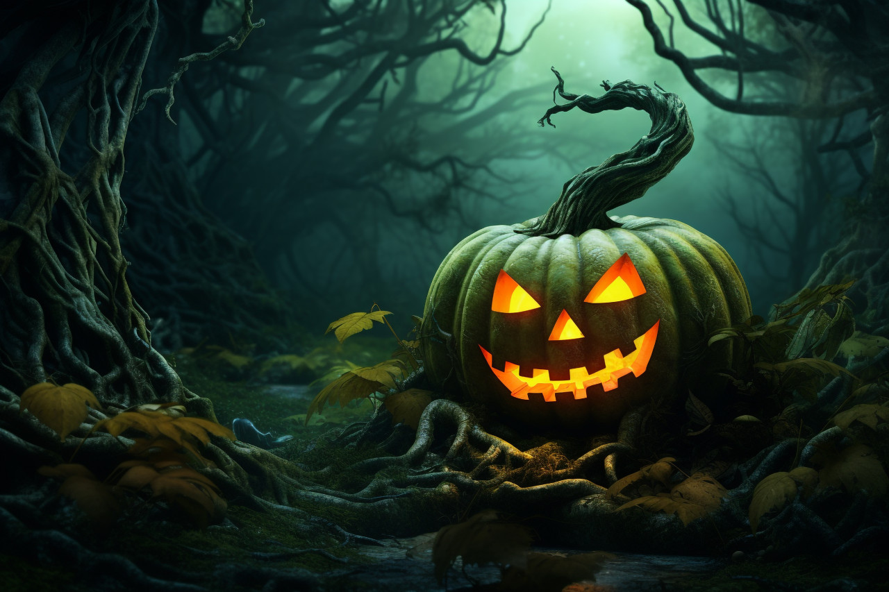 Picture of a carved pumpkin in a spooky forest at nighttime, halloween party image