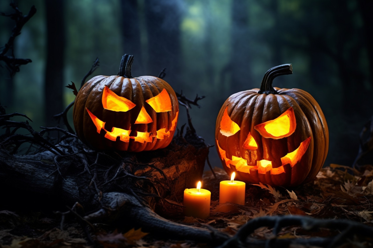 A picture of halloween pumpkins on a wooden table in a dark and scary forest at night, halloween party image