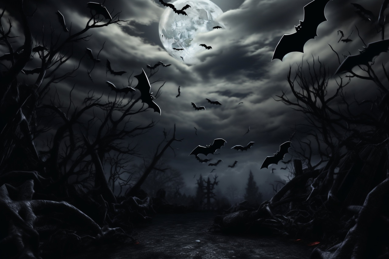 A picture of a moon in a spooky halloween night sky with clouds and bats, halloween party image