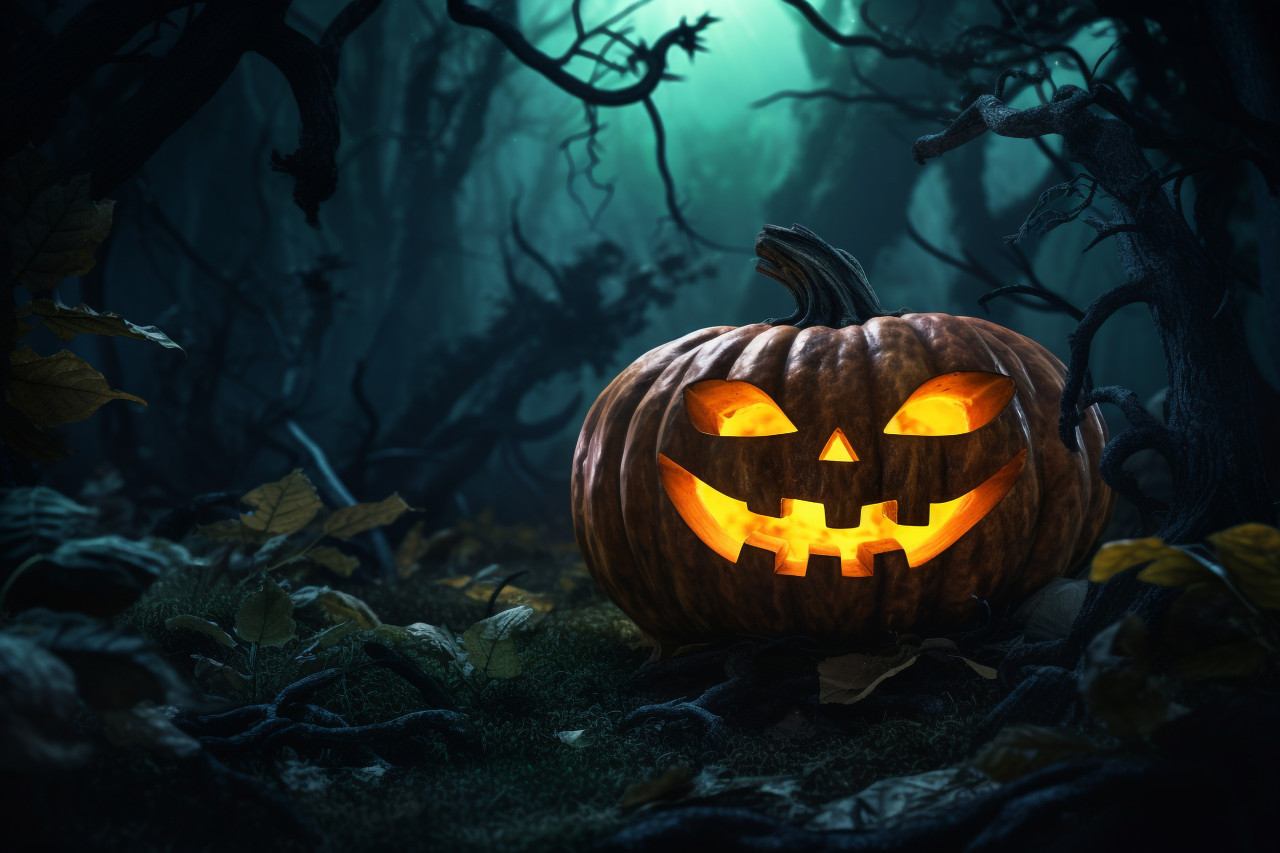 Picture of a carved pumpkin in a spooky forest at nighttime, halloween party image