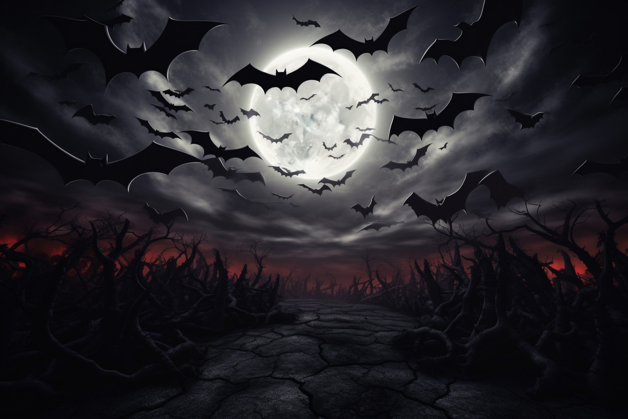 A picture of a moon in a spooky halloween night sky with clouds and bats, halloween party image