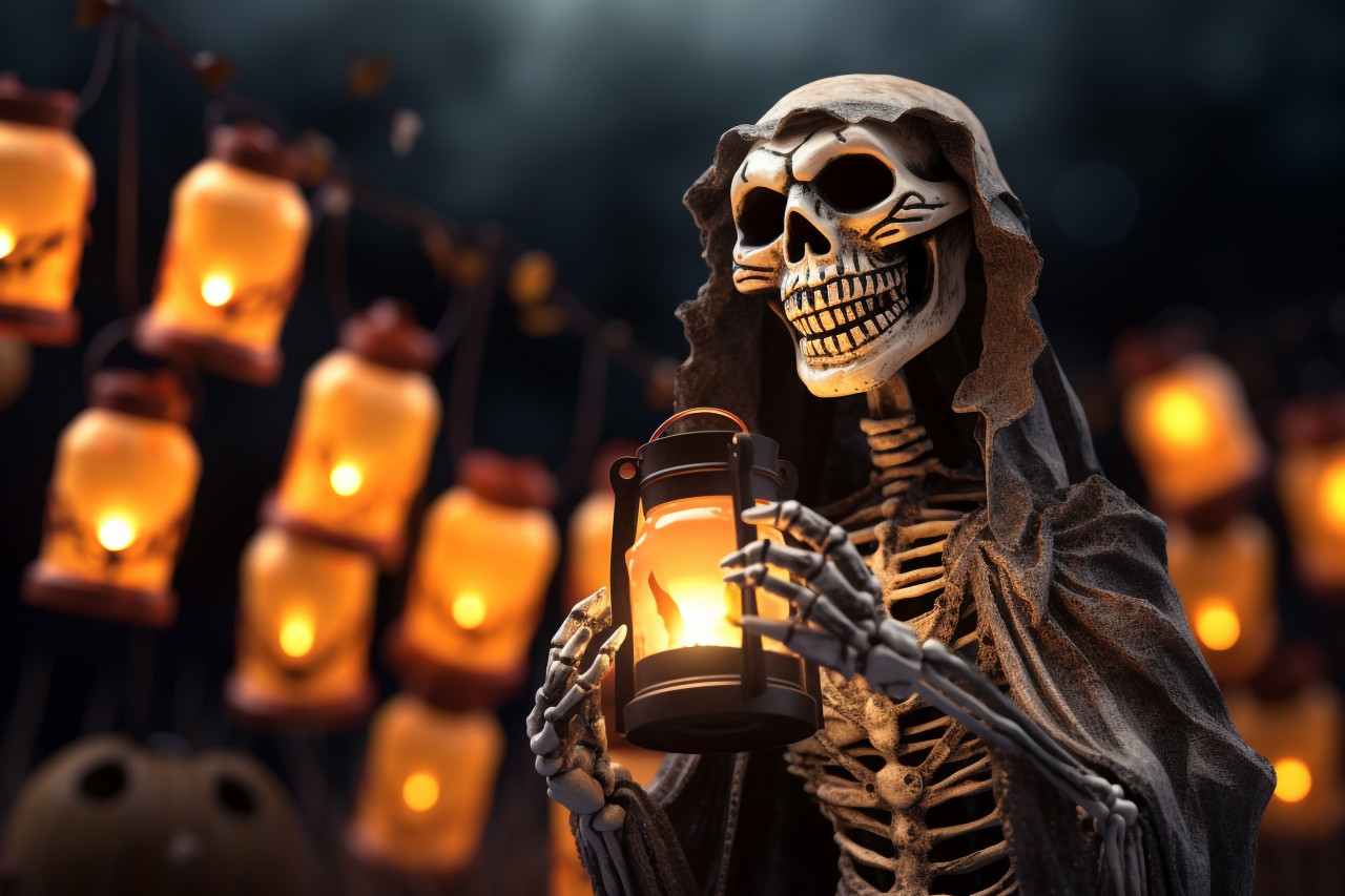 A picture of a spooky halloween skeleton holding a lantern on a wooden sign at night, halloween party image