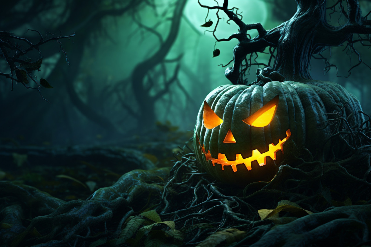 Picture of a carved pumpkin in a spooky forest at nighttime, halloween party image