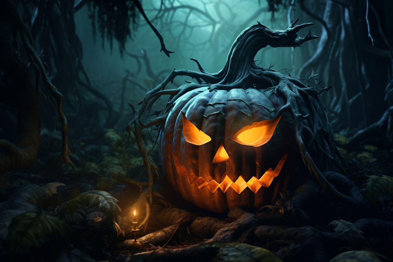 Picture of a carved pumpkin in a spooky forest at nighttime, halloween party image