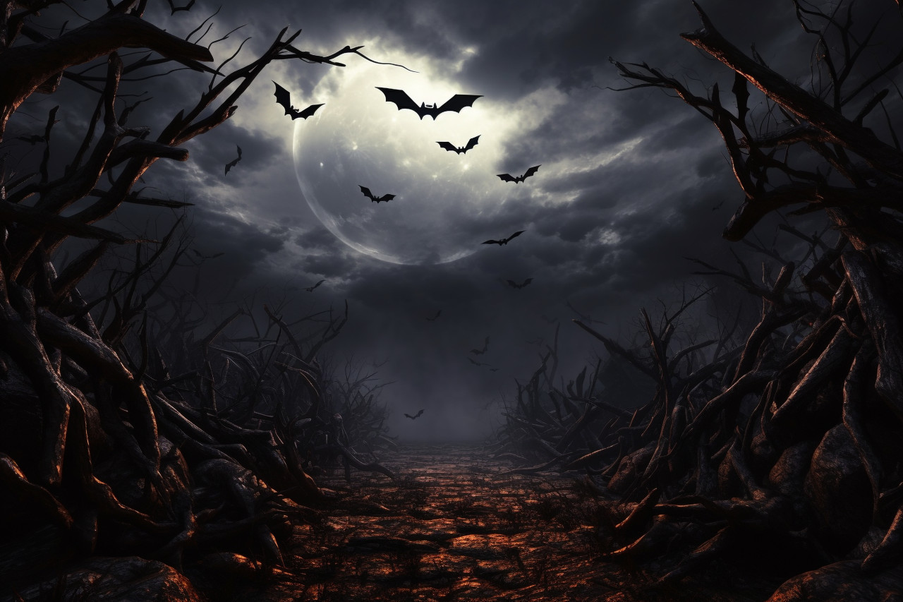 A picture of a moon in a spooky halloween night sky with clouds and bats, halloween party image