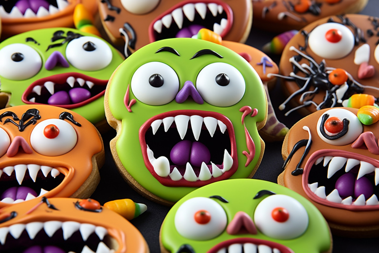 A picture of halloween gingerbread cookies with candy on a white wooden table, halloween party image